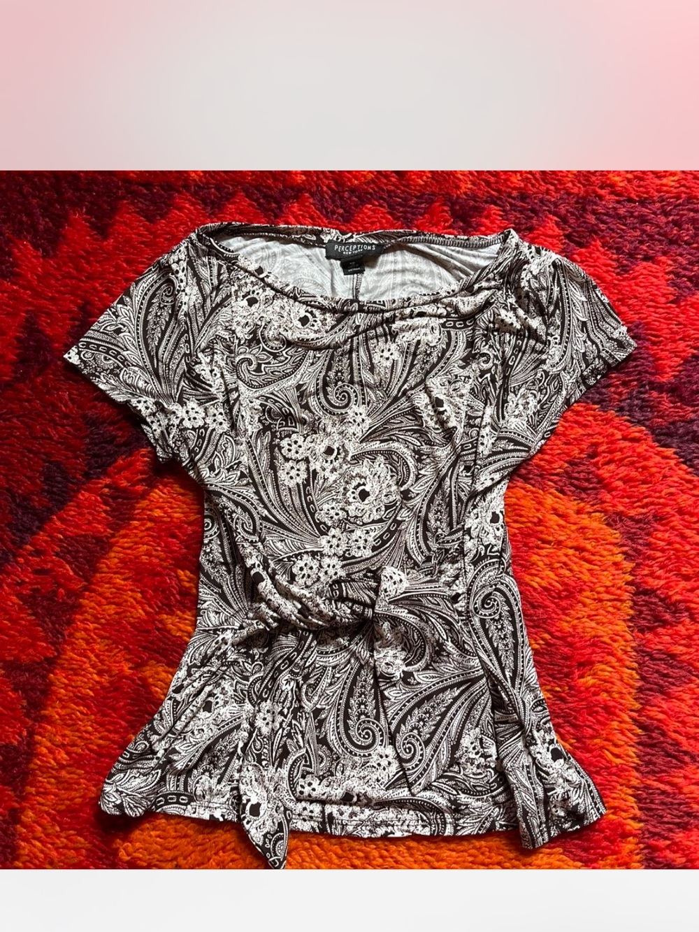Perceptions Black & White Paisley Tie-Waist Women's Top